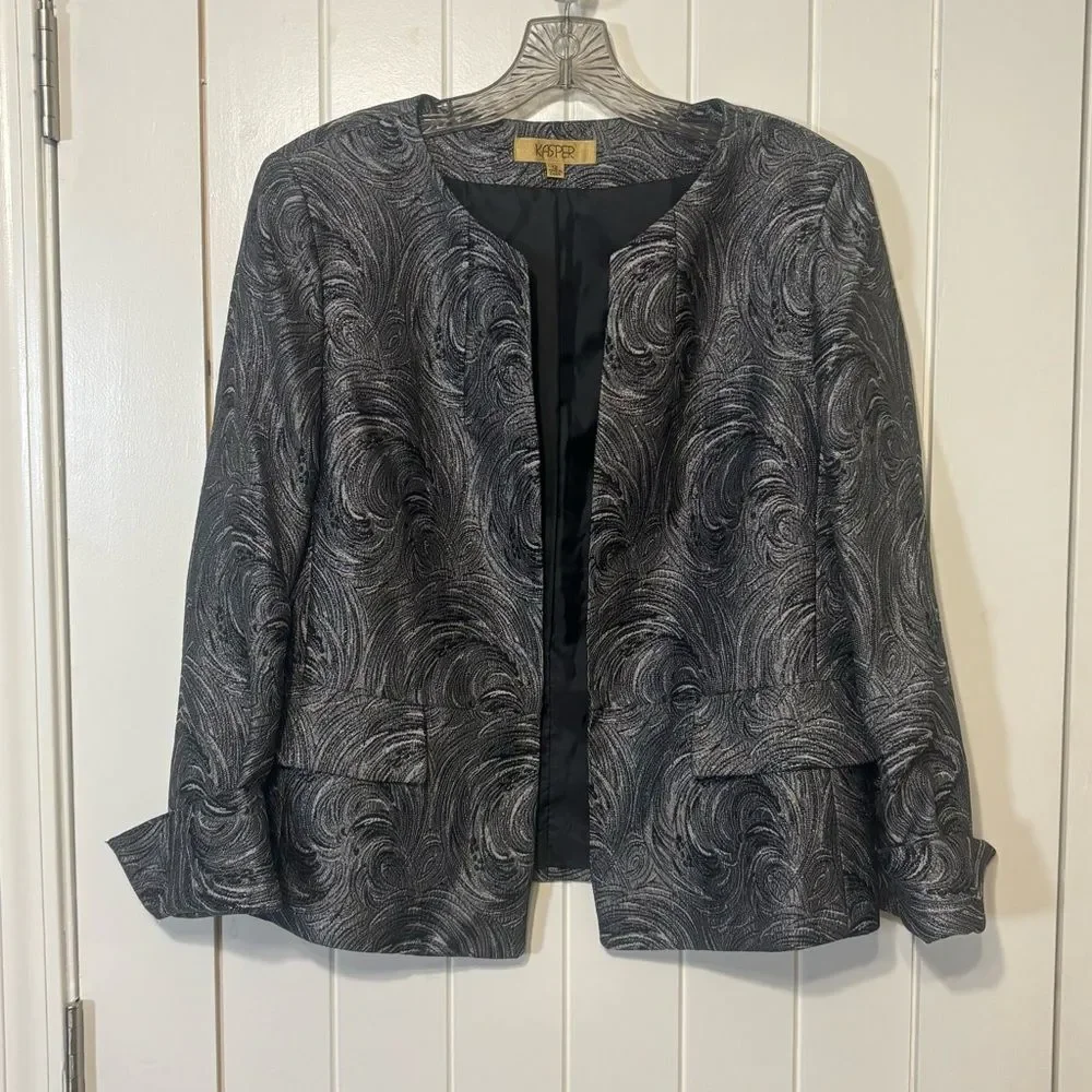 Kasper Black Pewter Silver Textured Swirl Pattern Women's 3 Piece Pantsuit
